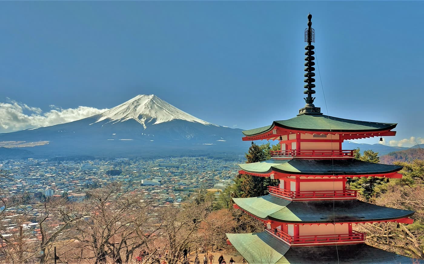 The Chureito pagoda at Arakurayama Sengen Park with Mount Fuji behind it