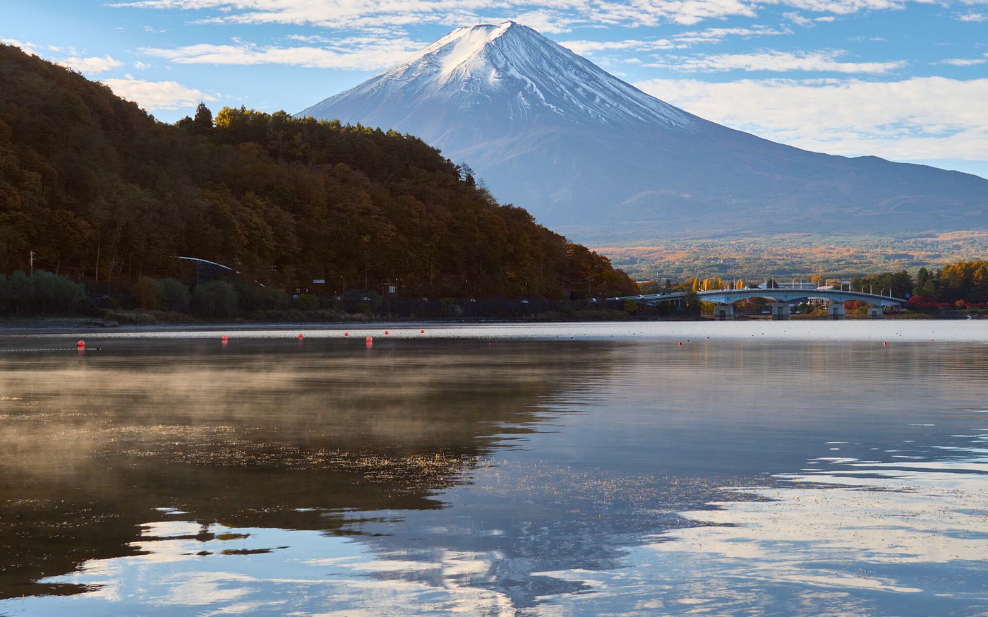Mount Fuji across the water at Lake Kawaguchi, seen from the north shore