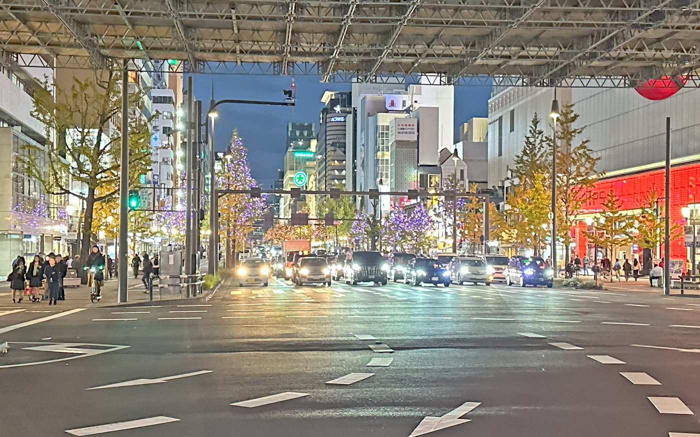 Osaka's Midosuji avenue at night, street trees wrapped in coloured LED lights