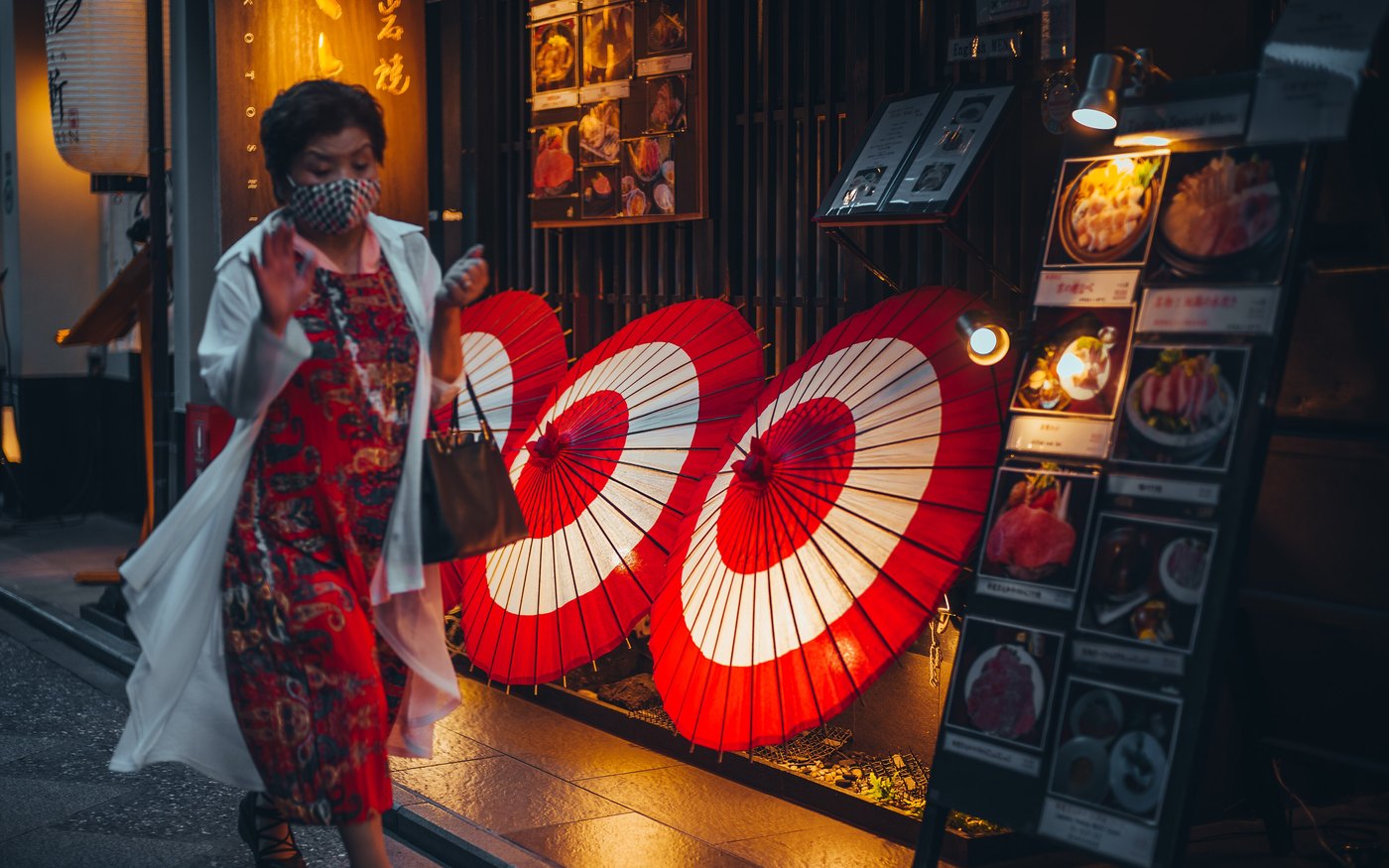 Pontocho alley in Kyoto at night, lanterns along the narrow street