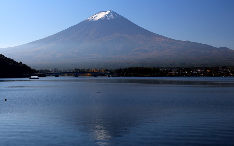 Mount Fuji above Lake Kawaguchi, mirrored in calm water