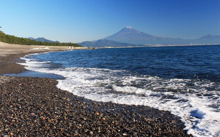 Mount Fuji across the water from the pine shore at Miho no Matsubara