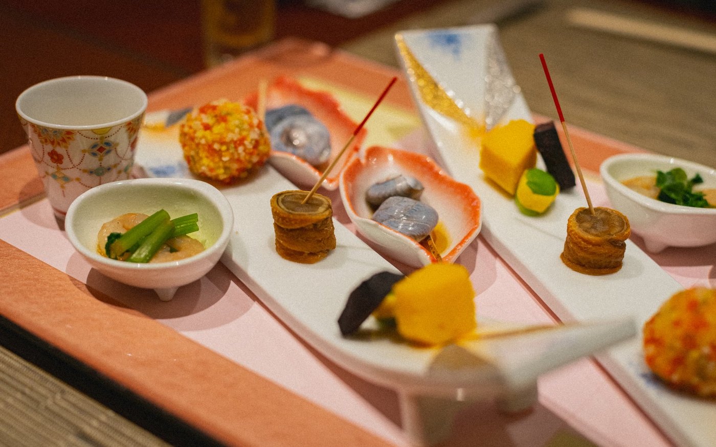 A tray of small kaiseki dishes at a Japanese inn