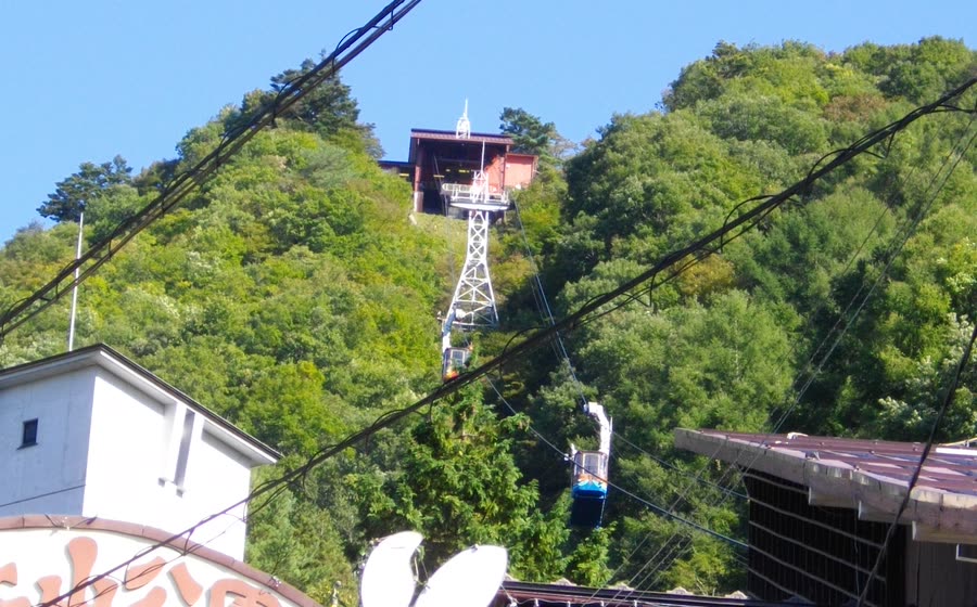 The Kawaguchi cable car climbing a wooded slope towards its summit station