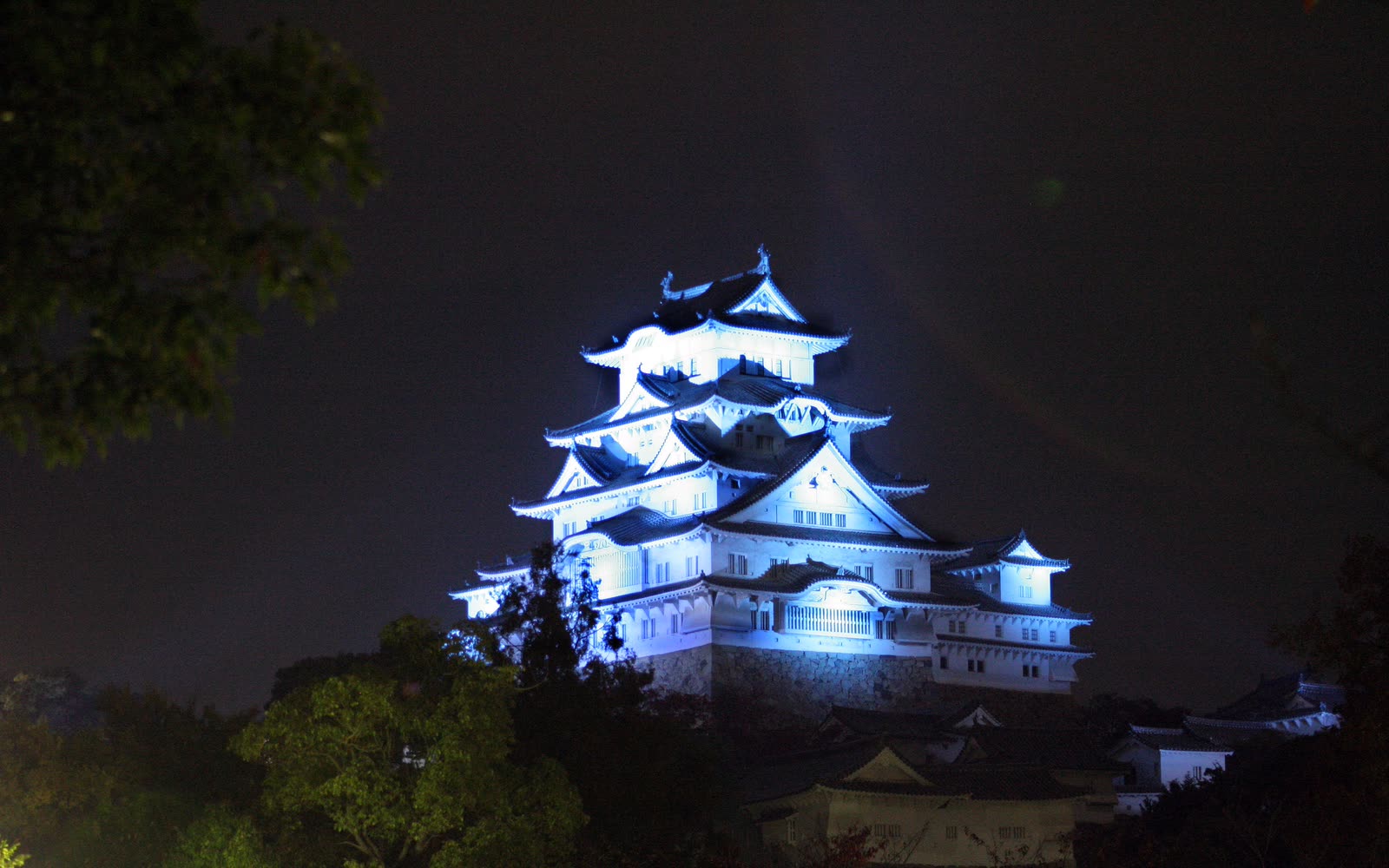 Himeji Castle at night, its white walls lit in blue