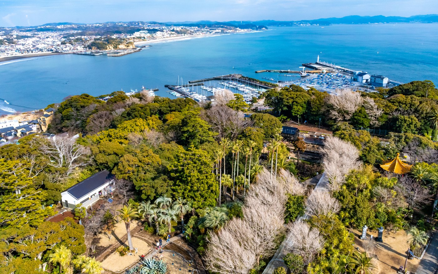 The Shonan coast seen from the Enoshima Sea Candle, over the garden and the marina