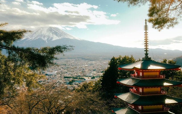 Mount Fuji behind the Chureito pagoda in autumn