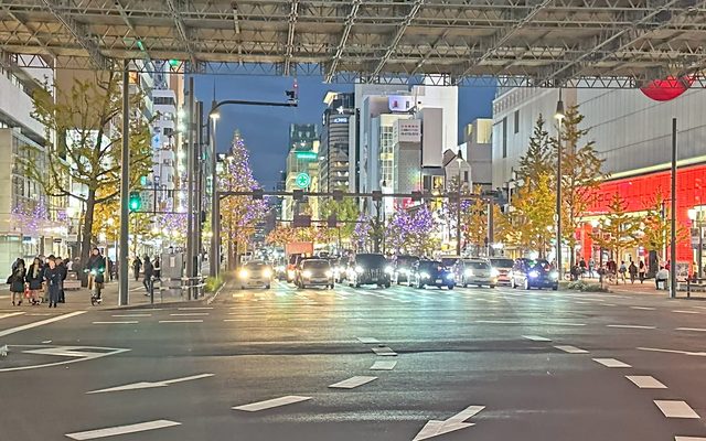 A city avenue lit with white and gold illuminations at night
