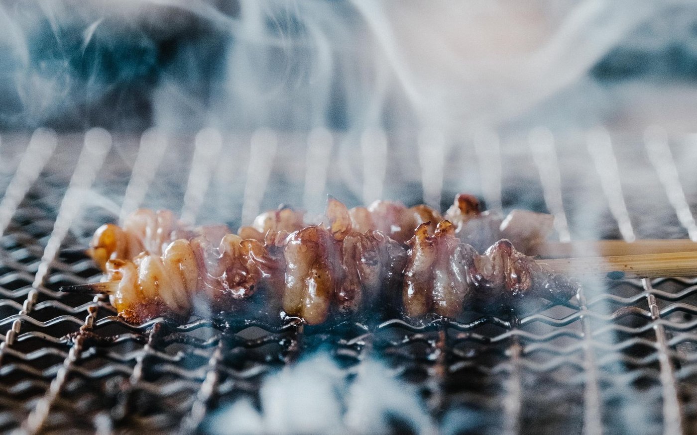 Two glazed chicken skewers grilling on a wire grate with smoke rising